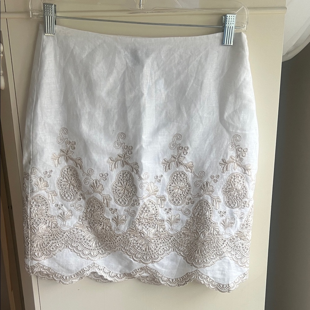 Elegant White Linen Embroidered Skirt